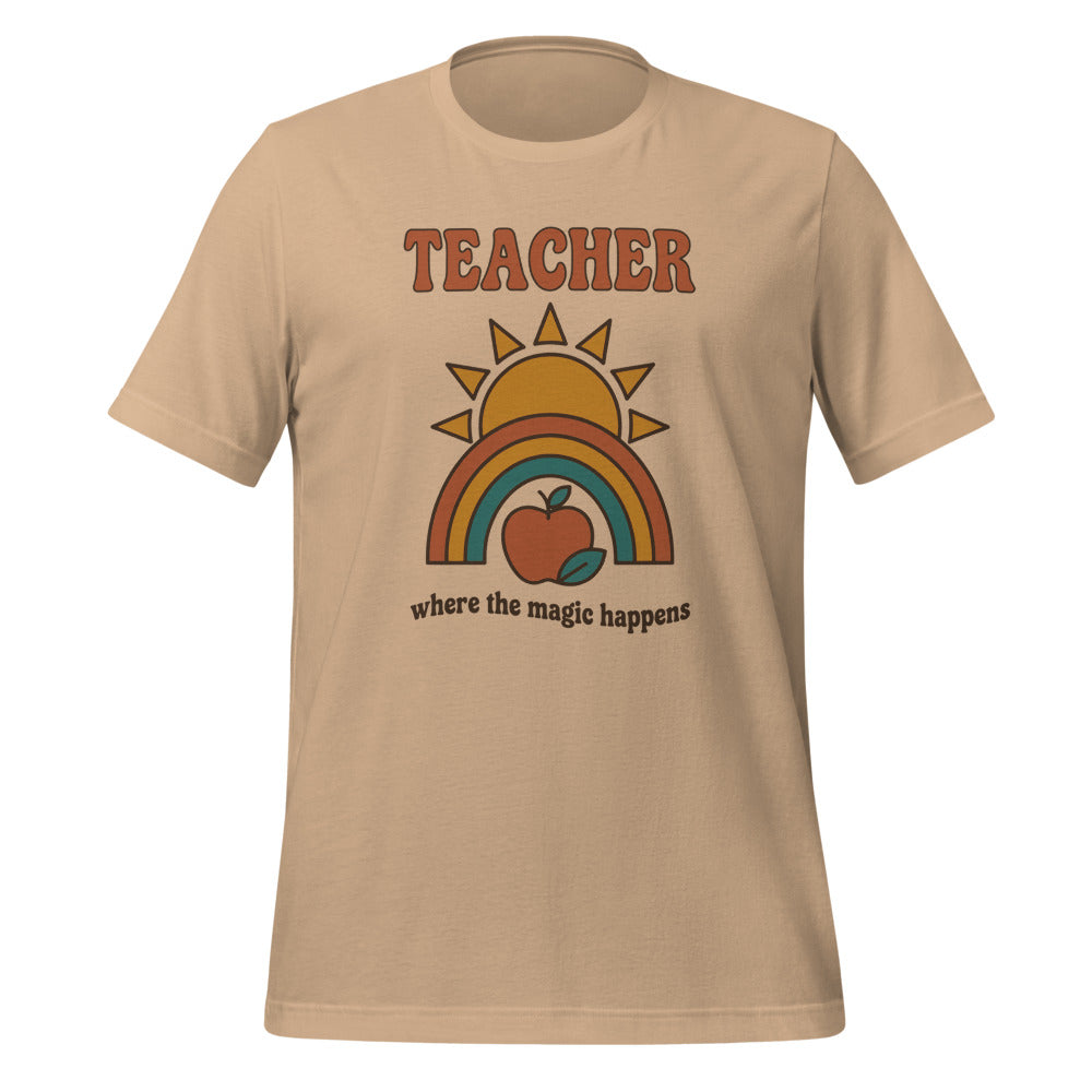 Teacher Where The Magic Happens retro groovy teacher tee — Tan, front