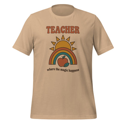 Teacher Where The Magic Happens retro groovy teacher tee — Tan, front