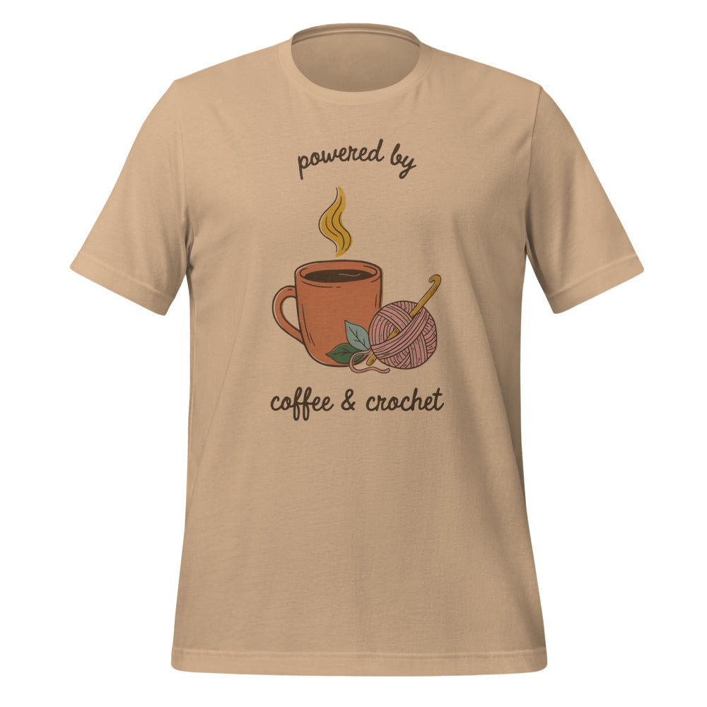 Powered by Coffee and Crochet cottagecore crochet tee — Tan, front