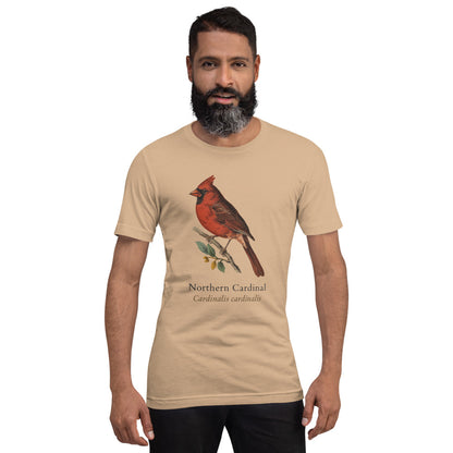 Northern Cardinal vintage field-guide tee — Tan, on model