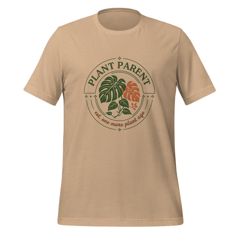 Plant Parent retro botanical badge tee — Tan, front