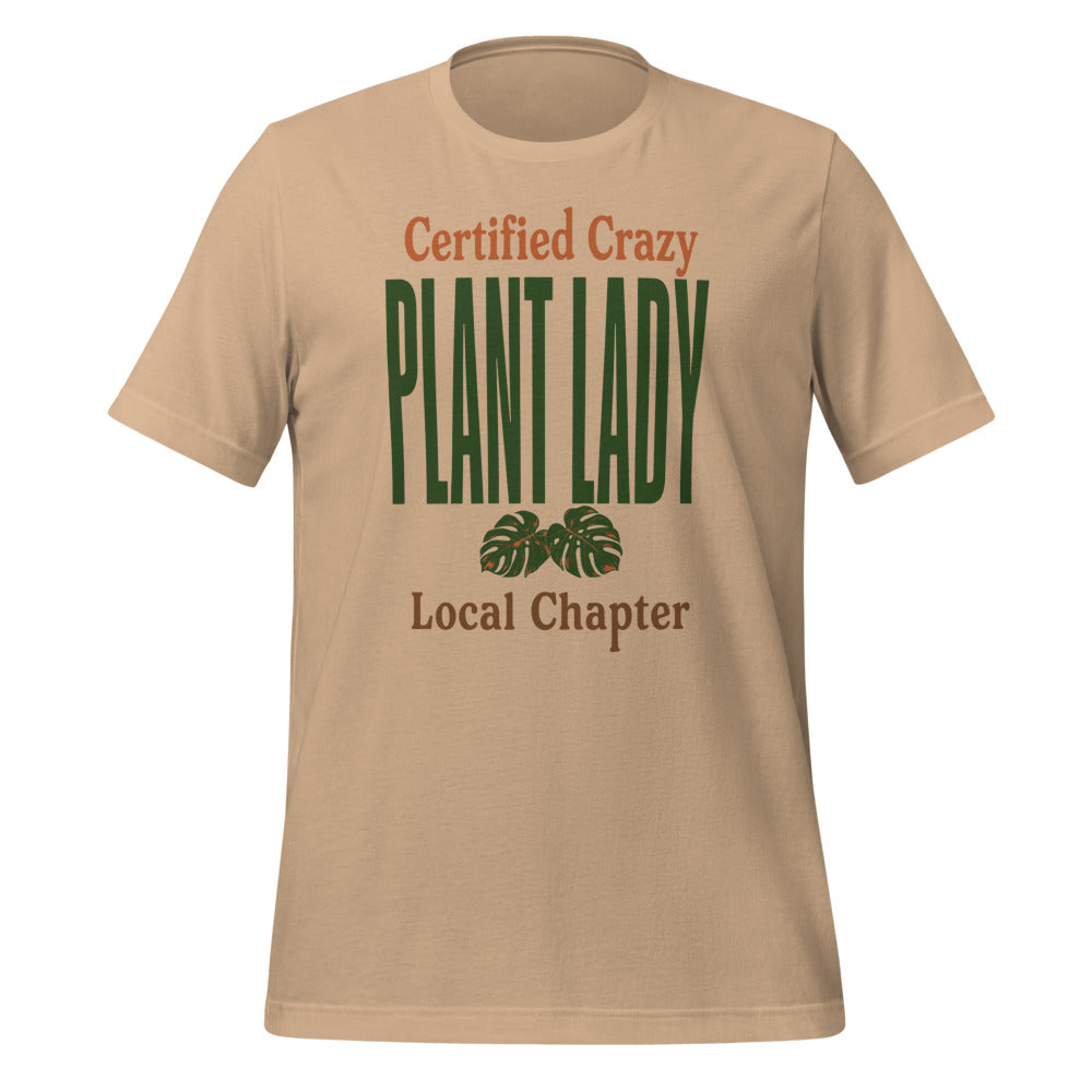 Certified Crazy Plant Lady retro botanical tee — Tan, front