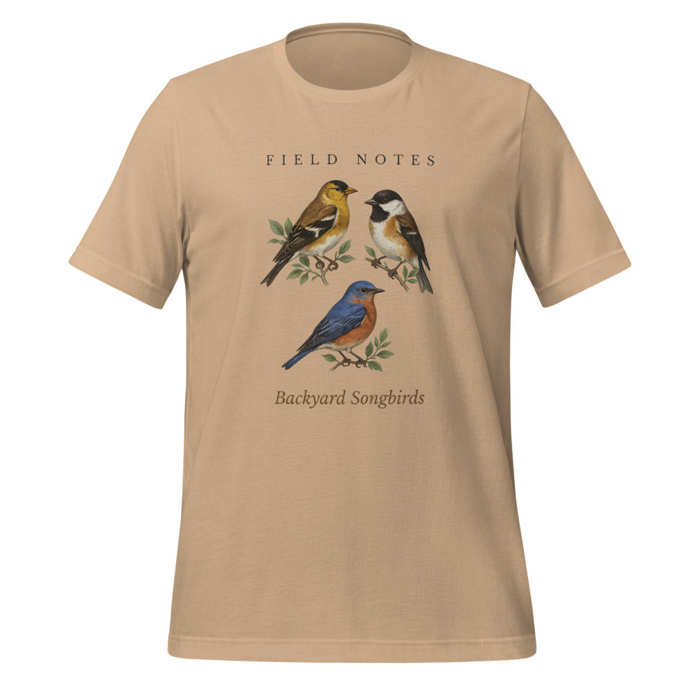 Backyard Songbirds vintage field-guide tee — Tan, front