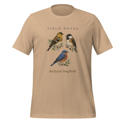 Backyard Songbirds vintage field-guide tee — Tan, front