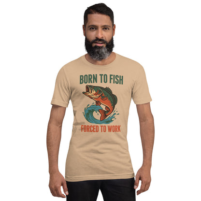 Born to Fish Forced to Work retro fishing humor tee — Tan, on model