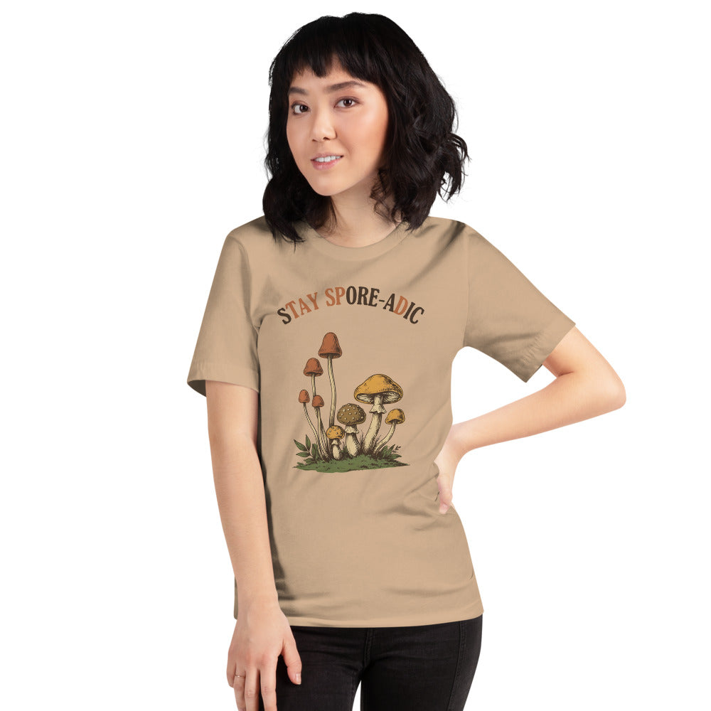 Stay Spore-adic funny vintage mushroom tee — Tan, on model