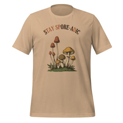 Stay Spore-adic funny vintage mushroom tee — Tan, front