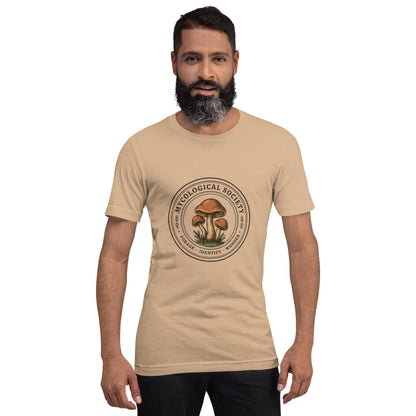 Mushroom Foraging Mycological Society vintage botanical tee — Tan, on model