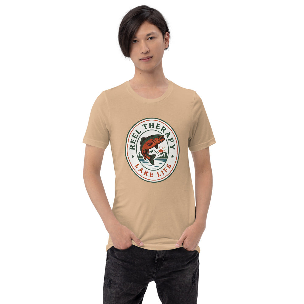 Reel Therapy retro national-park trout badge fishing tee — Tan, on model