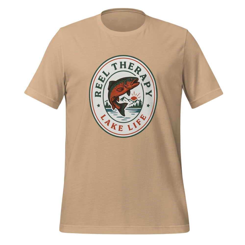 Reel Therapy retro national-park trout badge fishing tee — Tan, front