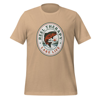 Reel Therapy retro national-park trout badge fishing tee — Tan, front