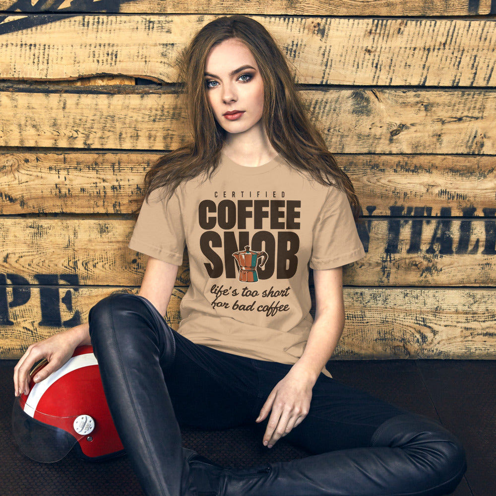 Certified Coffee Snob coffee tee — Tan, on model