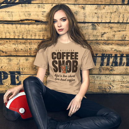 Certified Coffee Snob coffee tee — Tan, on model