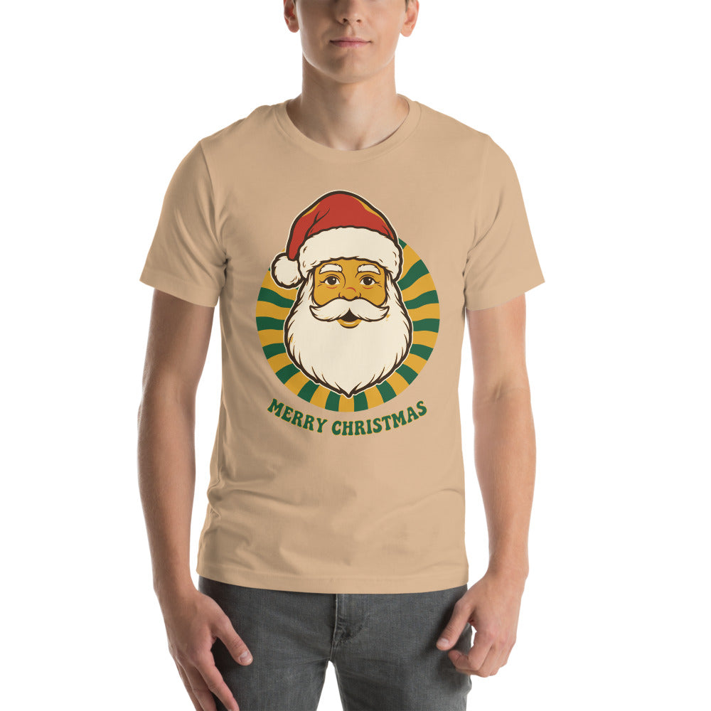 Groovy Santa retro Christmas tee — Tan, on model
