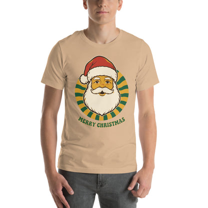 Groovy Santa retro Christmas tee — Tan, on model