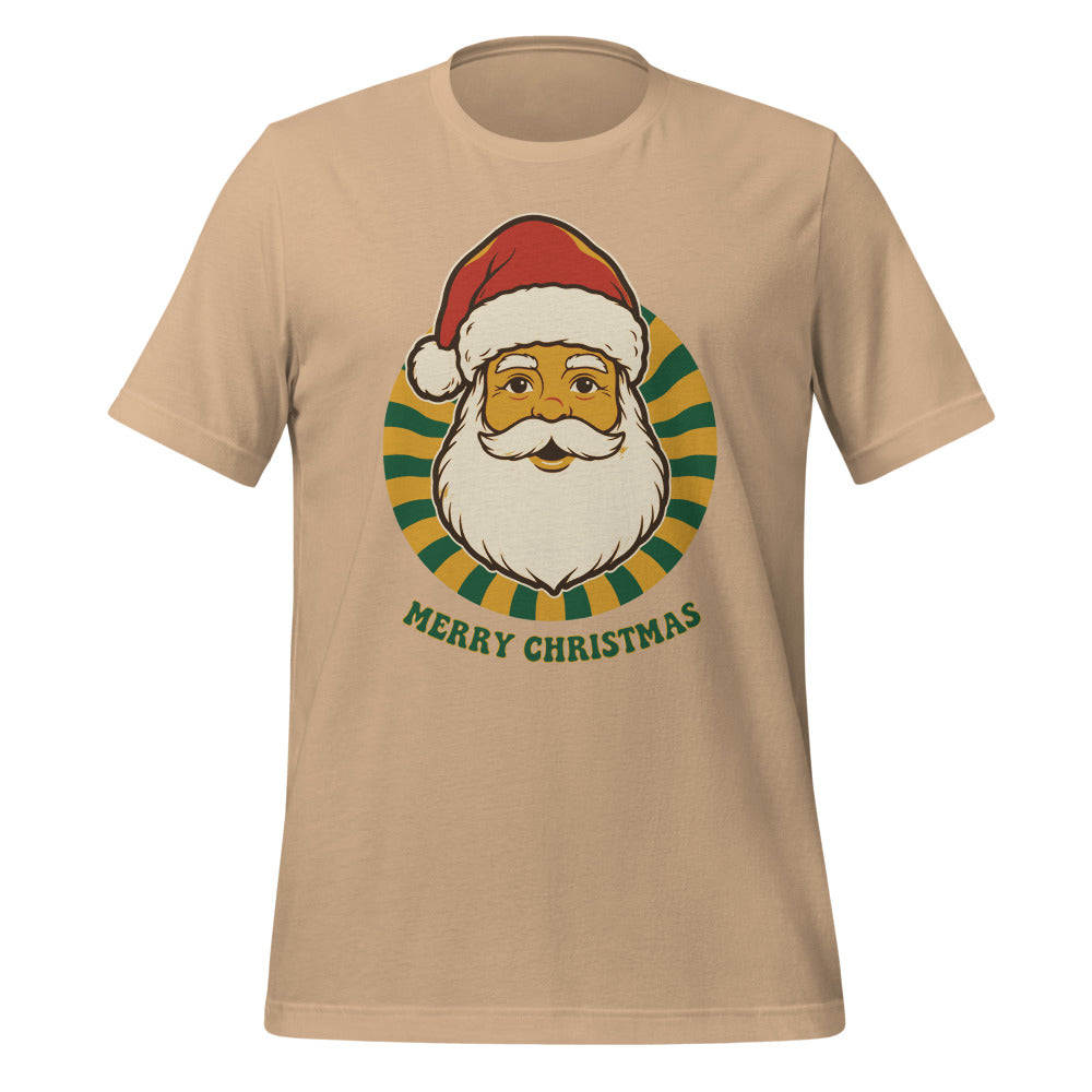 Groovy Santa retro Christmas tee — Tan, front