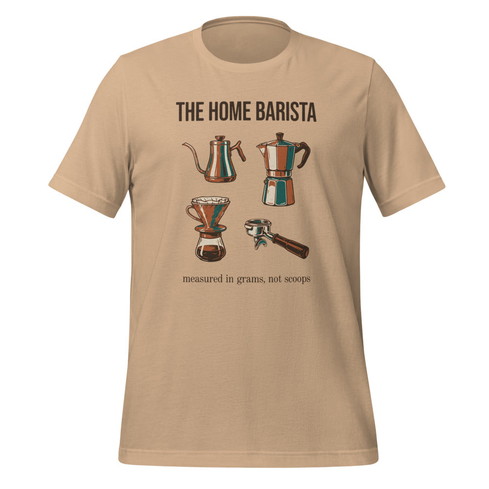 The Home Barista specialty coffee tee — Tan, front