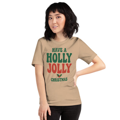 Groovy Holly Jolly retro Christmas tee — Tan, on model