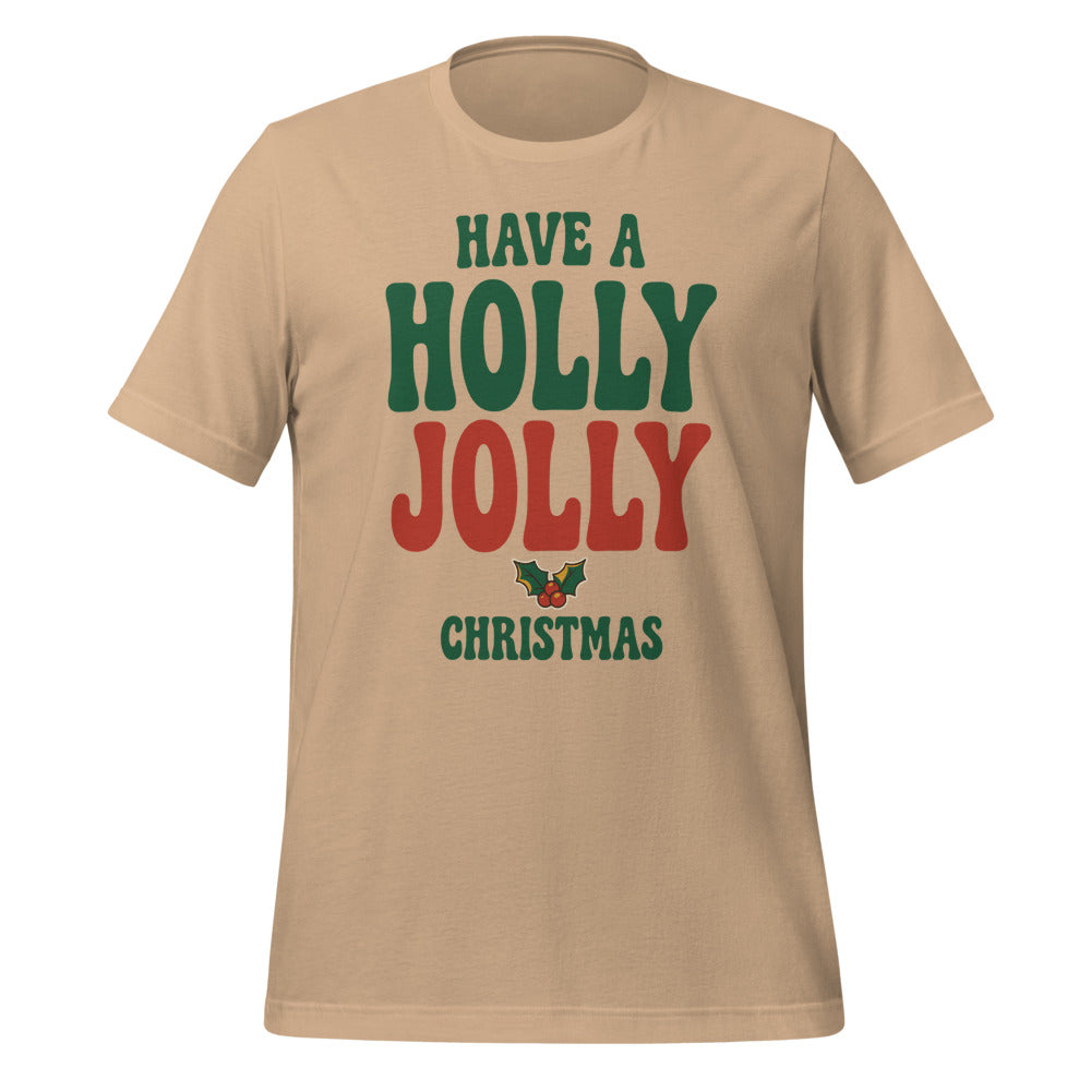 Groovy Holly Jolly retro Christmas tee — Tan, front
