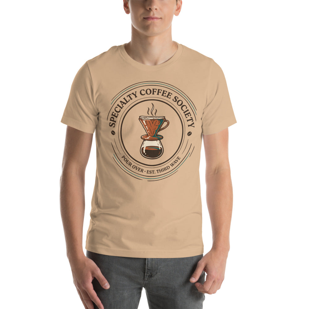 Specialty Coffee Society specialty coffee tee — Tan, on model