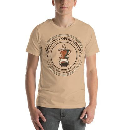 Specialty Coffee Society specialty coffee tee — Tan, on model