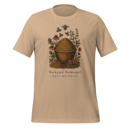 Backyard Beekeeper field-guide bee tee — Tan, front