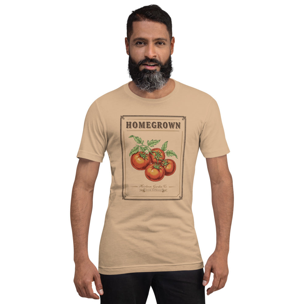 Homegrown Heirloom Seed Packet gardening tee — Tan, on model