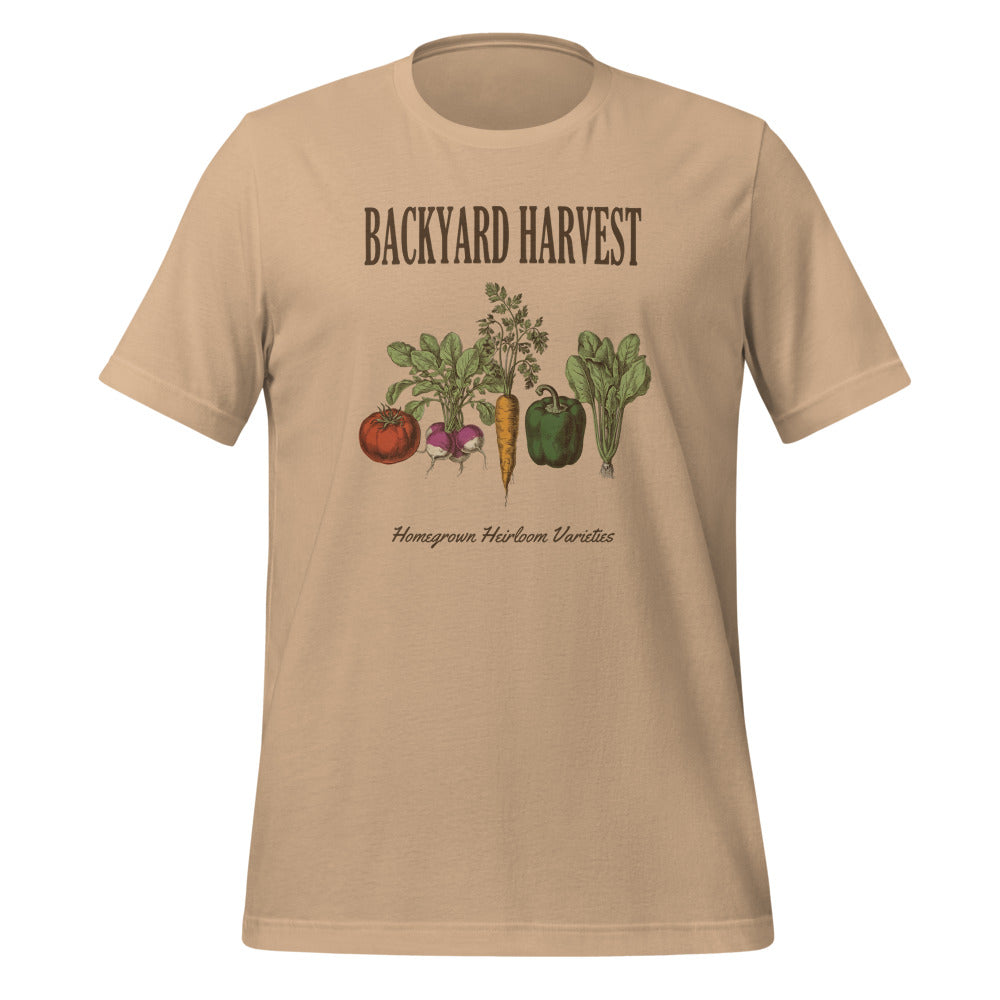 Backyard Harvest heirloom vegetable gardening tee — Tan, front