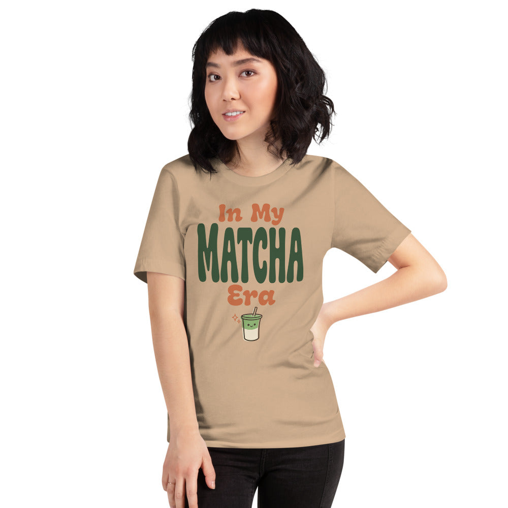 In My Matcha Era retro matcha tee — Tan, on model