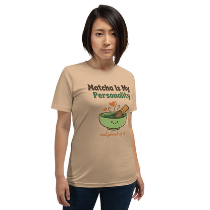 Matcha Is My Personality retro matcha tee — Tan, on model