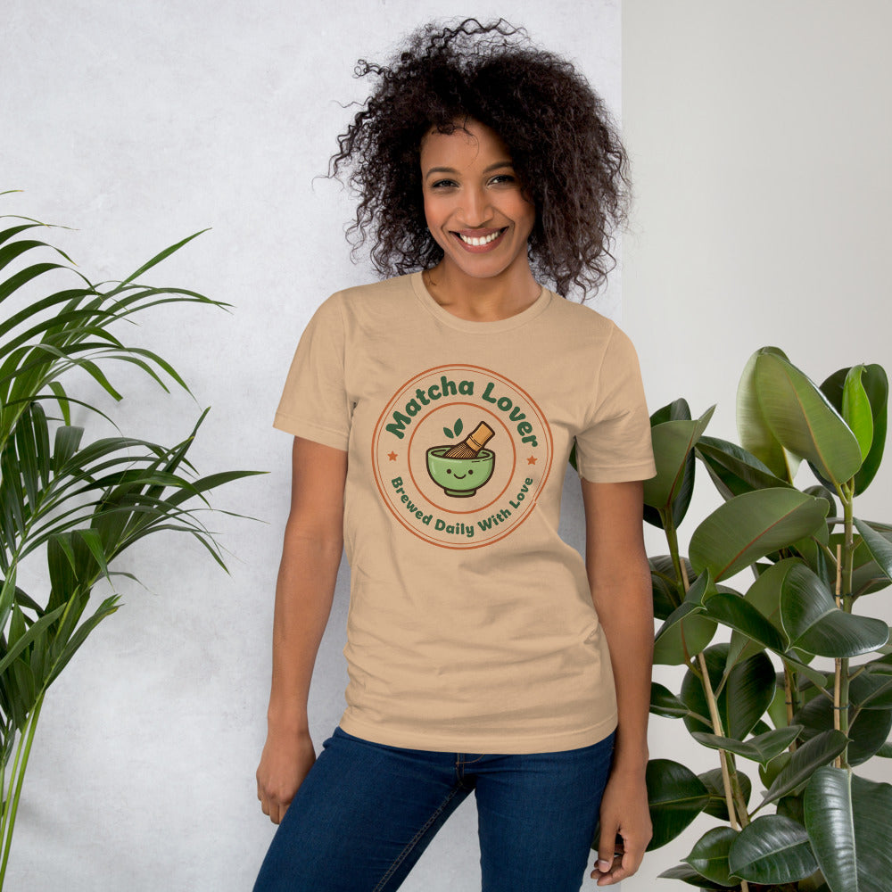 Matcha Lover retro café badge tee — Tan, on model