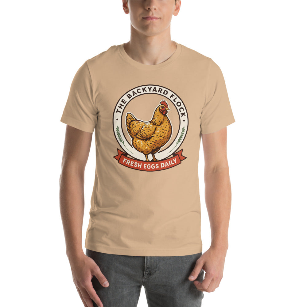 Backyard Flock heritage chicken keeper tee — Tan, on model
