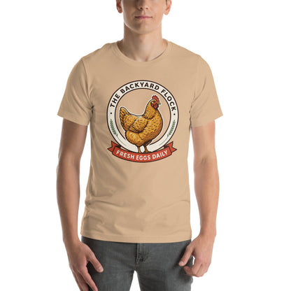 Backyard Flock heritage chicken keeper tee — Tan, on model