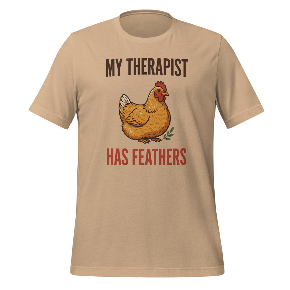 My Therapist Has Feathers funny chicken keeper tee — Tan, front