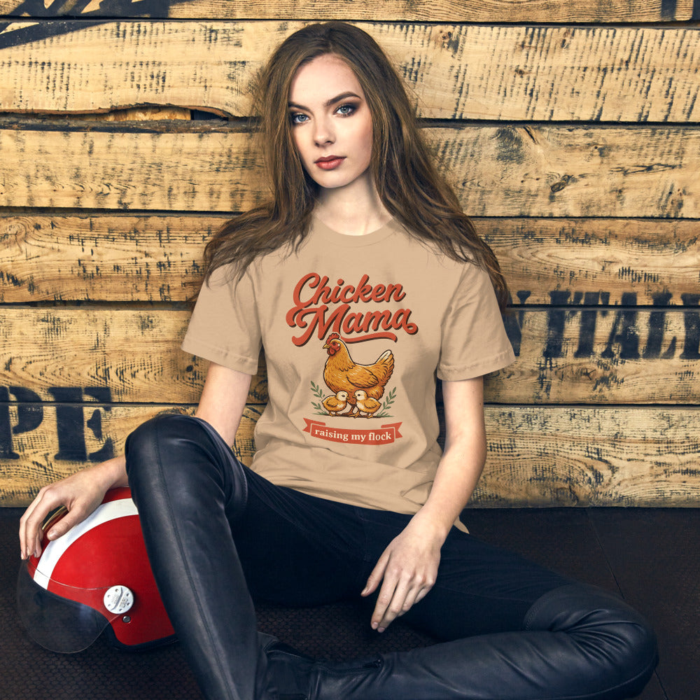 Chicken Mama raising my flock chicken keeper tee — Tan, on model