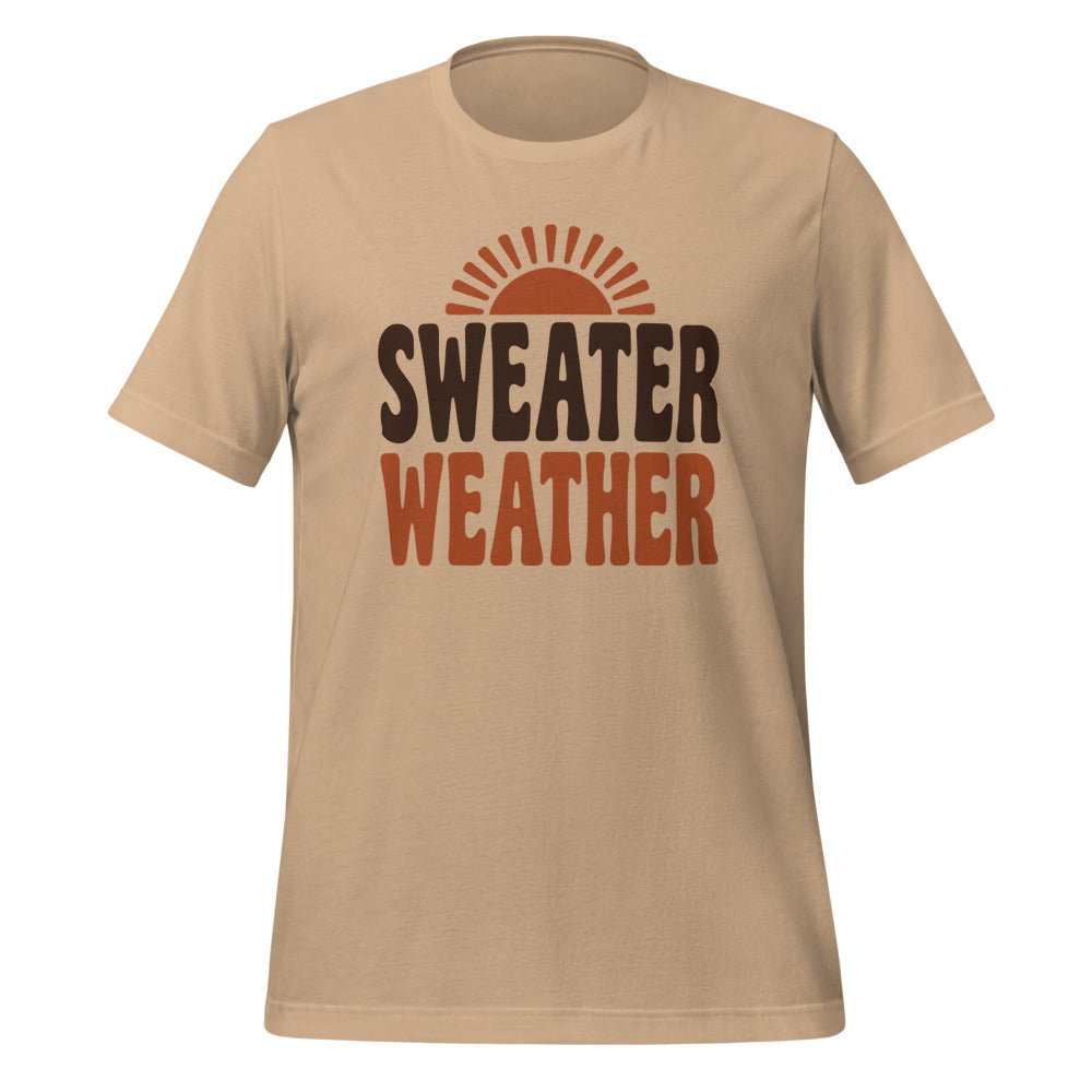 Sweater Weather retro 70s fall t-shirt — Tan, front