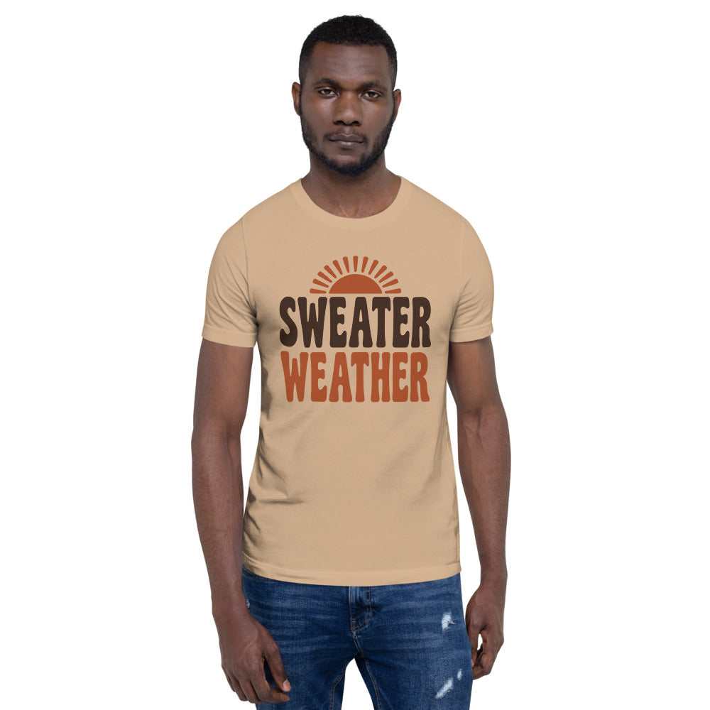 Sweater Weather retro 70s fall t-shirt — Tan, on model