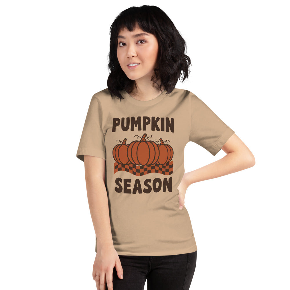 Pumpkin Season retro 70s fall t-shirt — Tan, on model