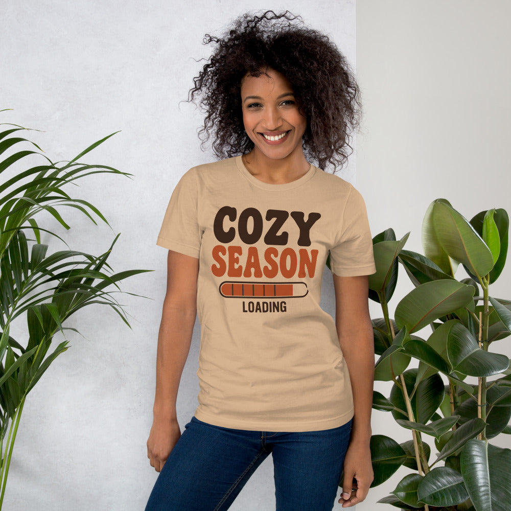 Cozy Season Loading retro 70s fall t-shirt — Tan, on model