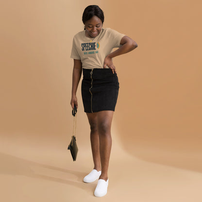 Speechie Wordmark speech therapy tee — Tan, on model