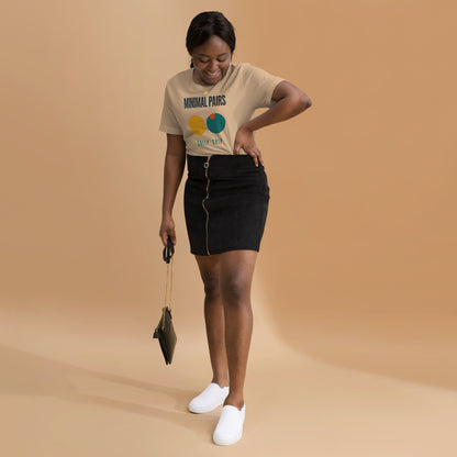 Minimal Pairs speech therapy tee — Tan, on model