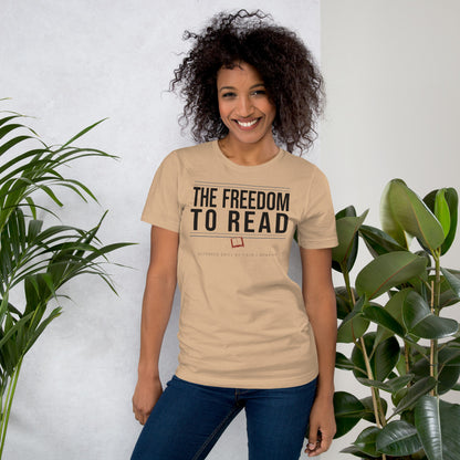 The Freedom to Read school librarian tee — Tan, on model