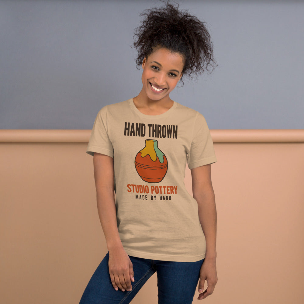 Hand Thrown Studio Pottery retro poster t-shirt — Tan, on model