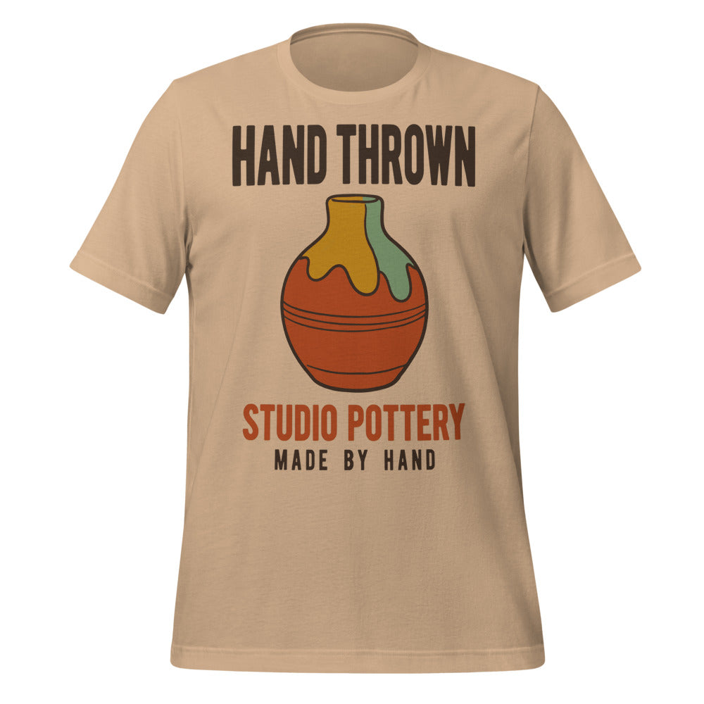 Hand Thrown Studio Pottery retro poster t-shirt — Tan, front