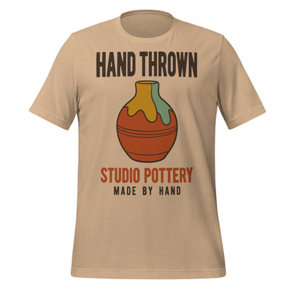 Hand Thrown Studio Pottery retro poster t-shirt — Tan, front