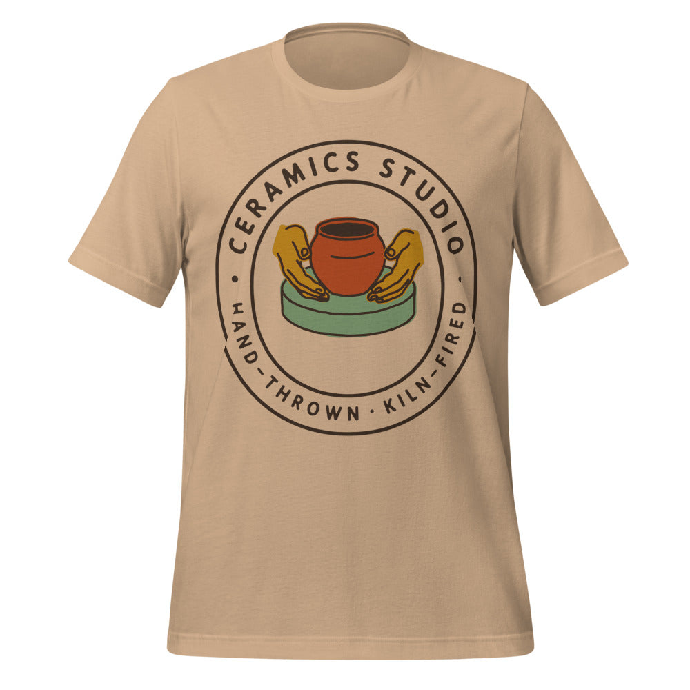 Ceramics Studio Badge hand-thrown pottery t-shirt — Tan, front