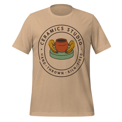 Ceramics Studio Badge hand-thrown pottery t-shirt — Tan, front