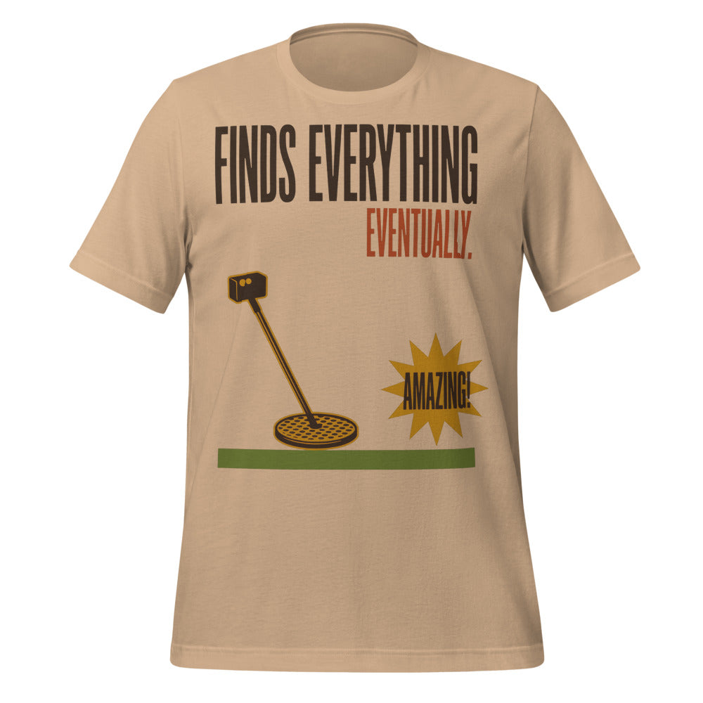 Finds Everything Eventually retro metal detecting tee — Tan, front