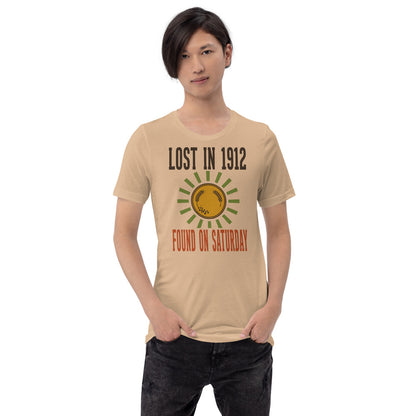 Lost in 1912 Found on Saturday retro metal detecting tee — Tan, on model
