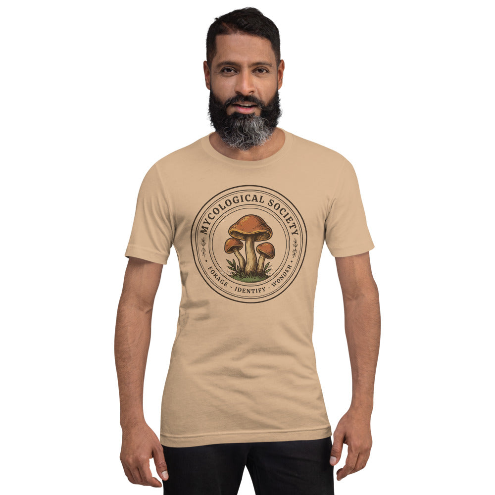 Mushroom Foraging Mycological Society vintage botanical tee — Tan, on model